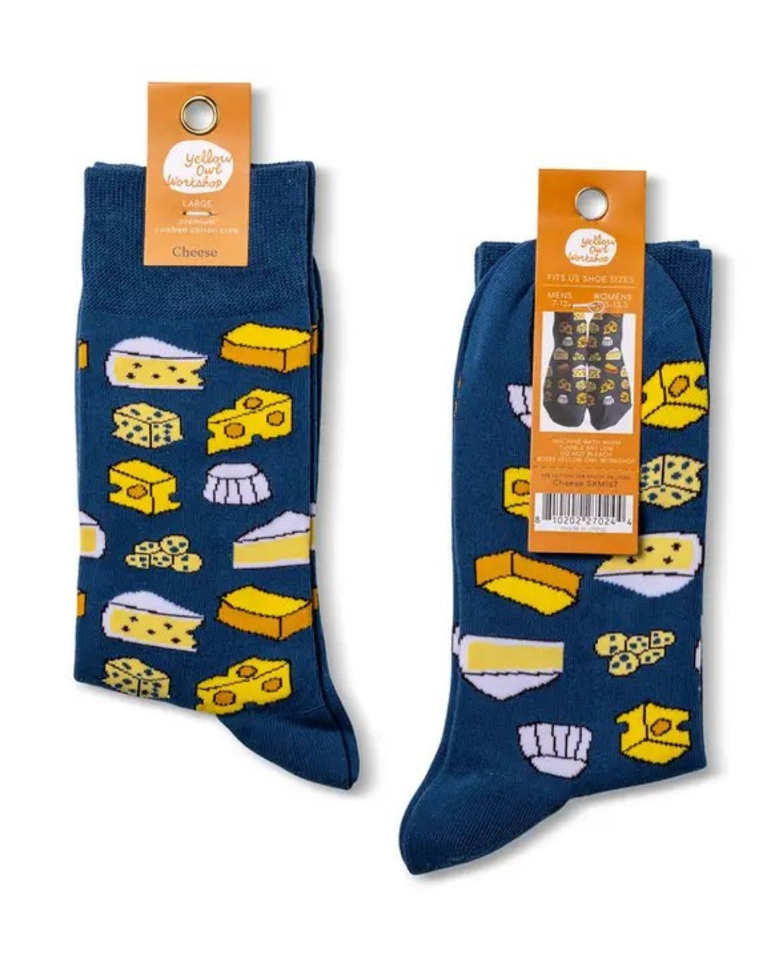 Two pairs of blue socks with cheese pattern on a white background