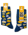 Two pairs of blue socks with cheese pattern on a white background