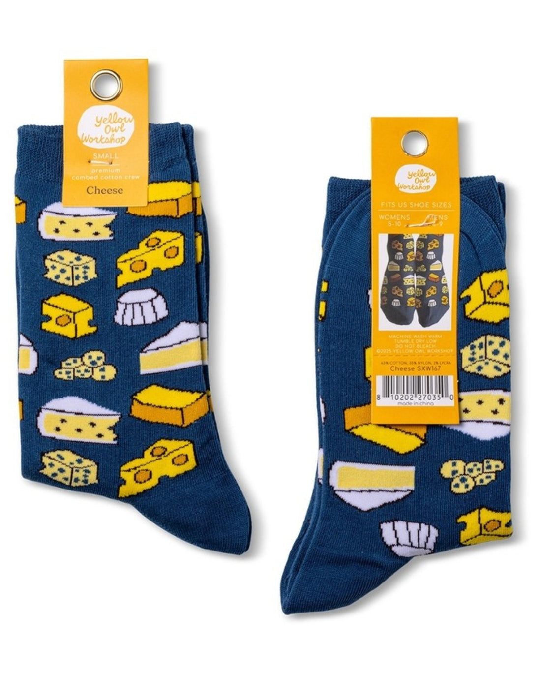 Two pairs of blue socks with cheese pattern on a white background