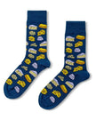 Blue socks with cheese pattern on a white background