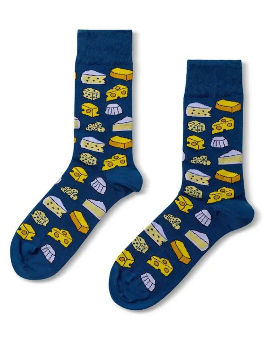 Blue socks with cheese pattern on a white background