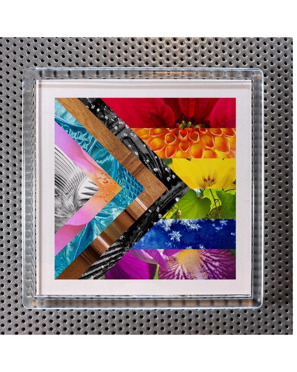 Colorful abstract version of the PRIDE Flag with flowers on a textured surface