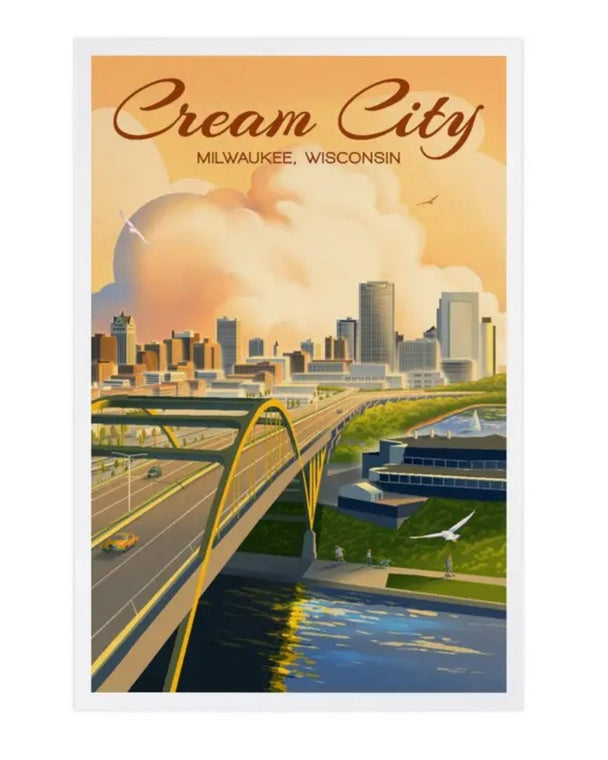 Vintage-style poster of Milwaukee, Wisconsin with a bridge and city skyline.