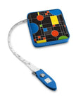 Tape measure with a colorful geometric pattern on the case, on a white background