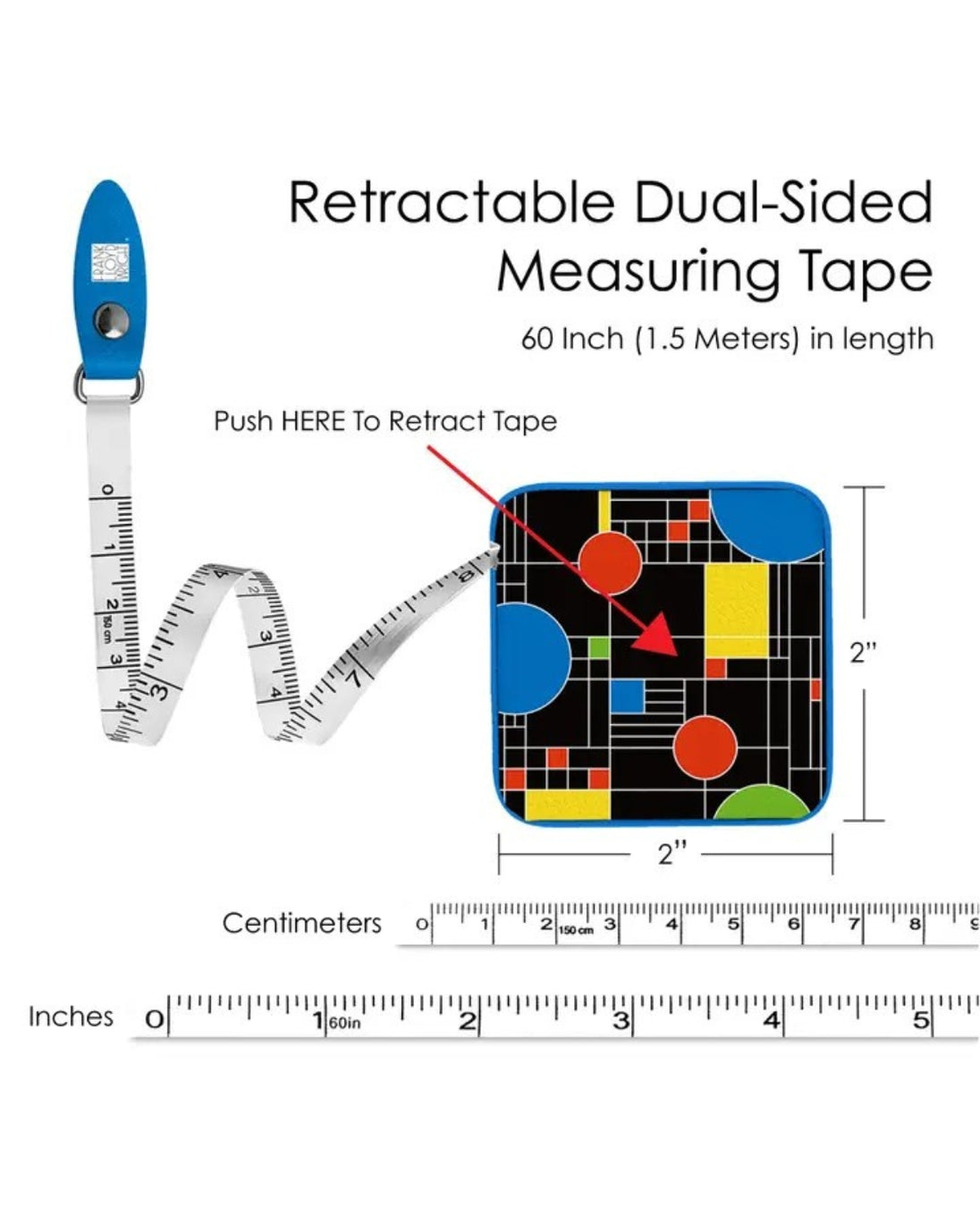 Retractable dual-sided measuring tape with colorful design and measurement scale.
