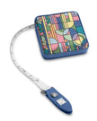 Tape measure with colorful geometric patterned case on a white background