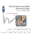 Retractable dual-sided measuring tape with colorful case on a white background