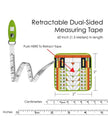 Retractable dual-sided measuring tape with green handle and measurement details on a white background