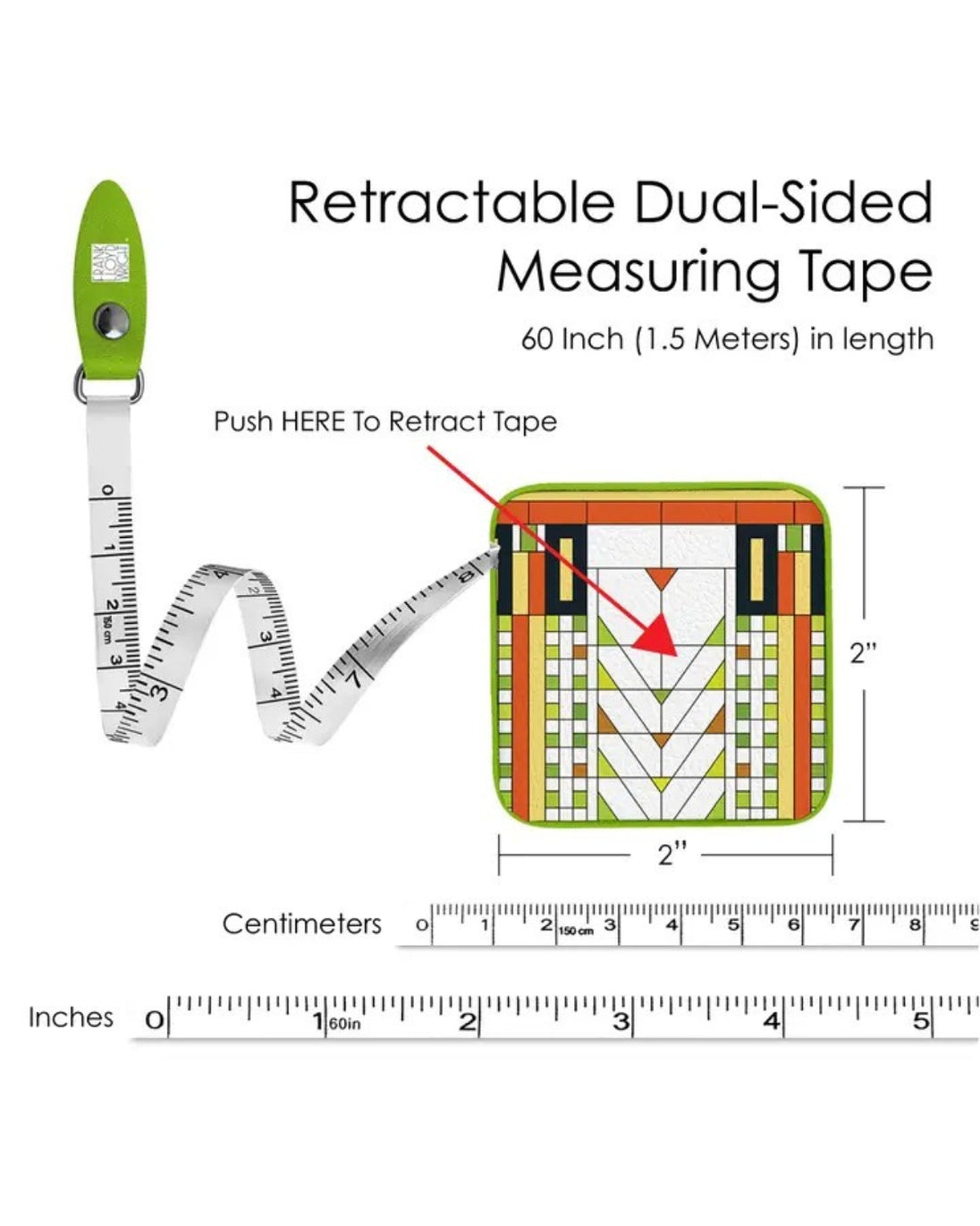 Retractable dual-sided measuring tape with green handle and measurement details on a white background