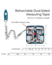 Retractable dual-sided measuring tape with design and measurements on a white background