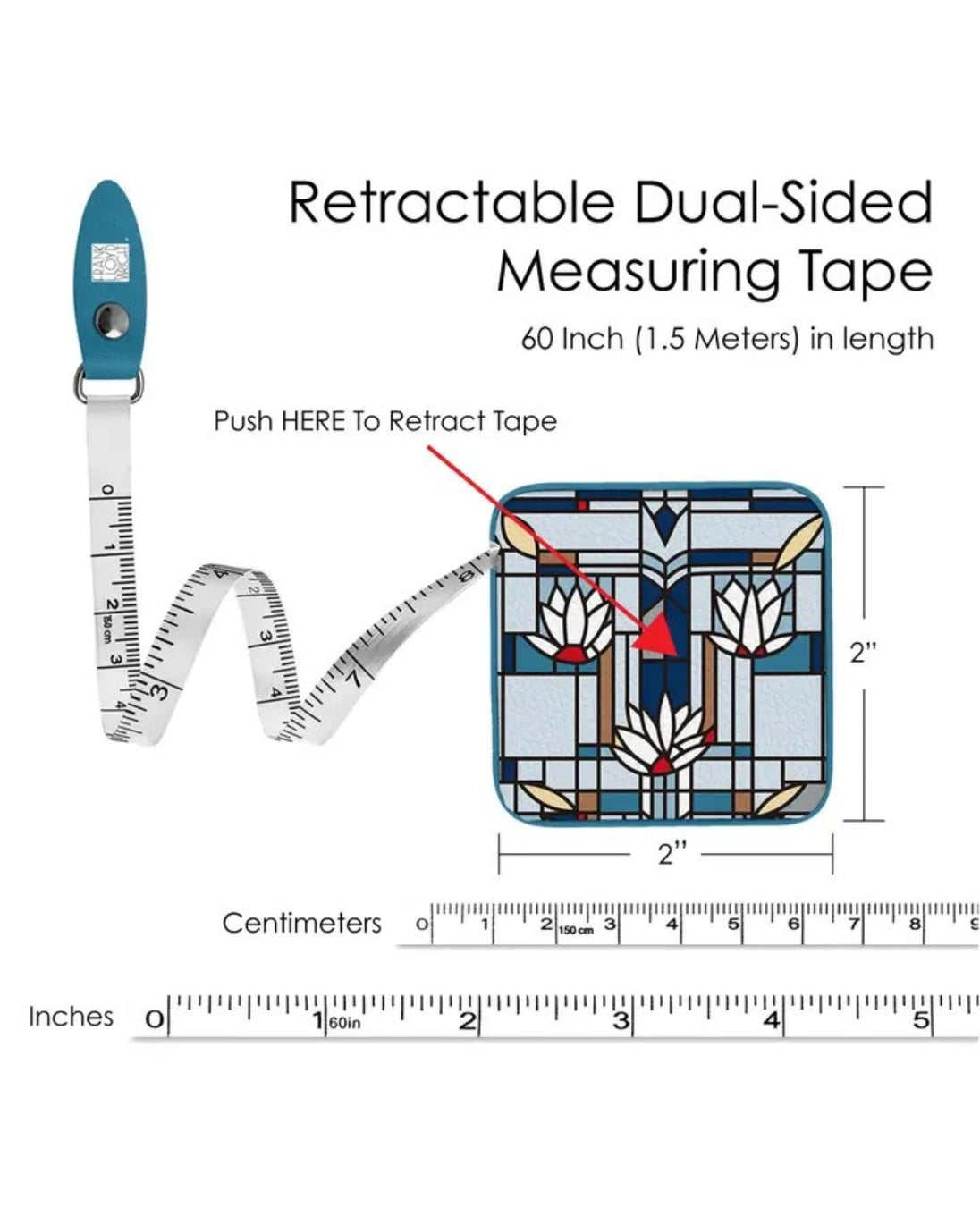 Retractable dual-sided measuring tape with design and measurements on a white background