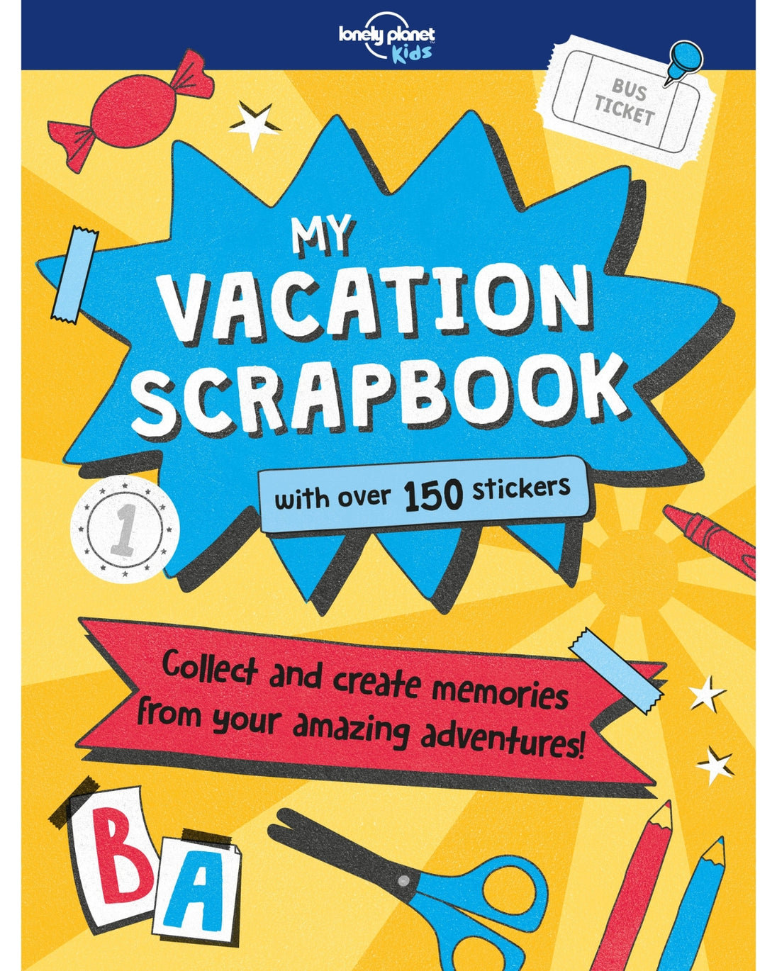 Vacation scrapbook with stickers and stationery items on a yellow background