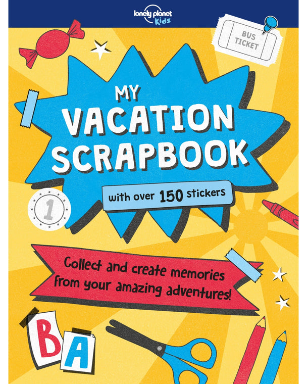 Vacation scrapbook with stickers and stationery items on a yellow background