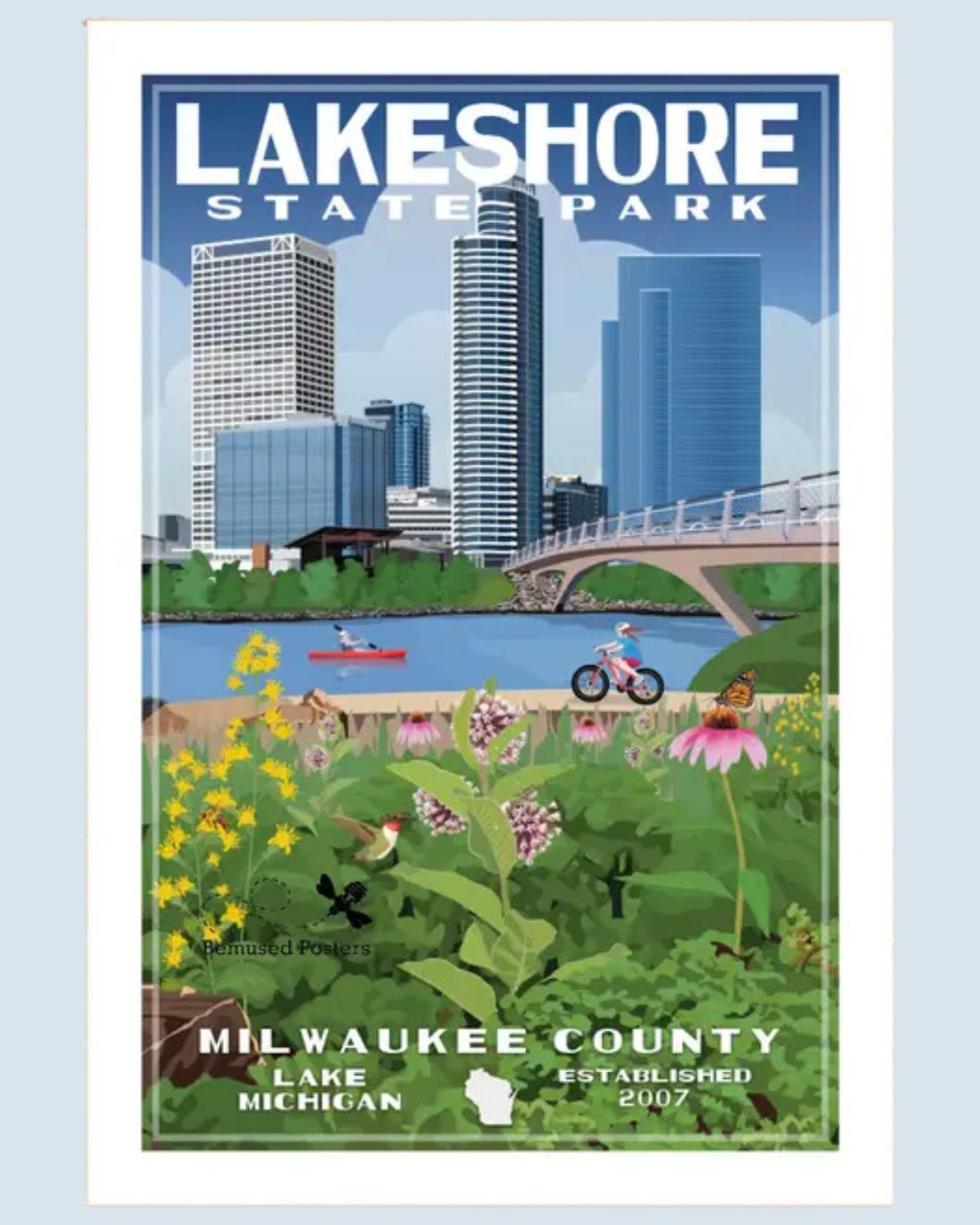 Lakeshore State Park poster with city skyline and park activities on a light blue background