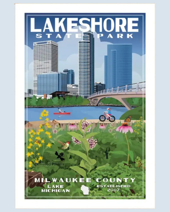 Lakeshore State Park poster with city skyline and park activities on a light blue background