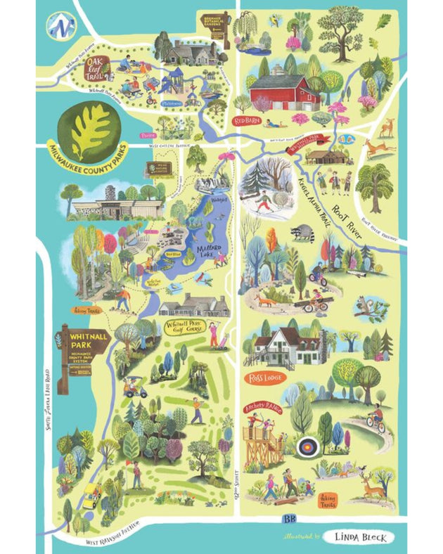 A colorful map poster depicting the Milwaukee County Parks system, focusing on Whitnall Park with various illustrations and landmarks.