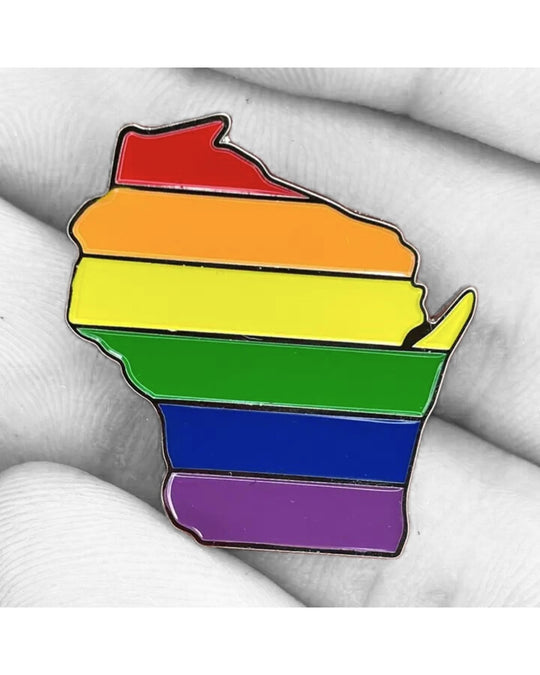 Pride flag design on a map of Wisconsin with rainbow colors.